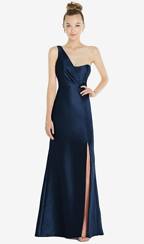 draped one-shoulder satin trumpet gown with front slit