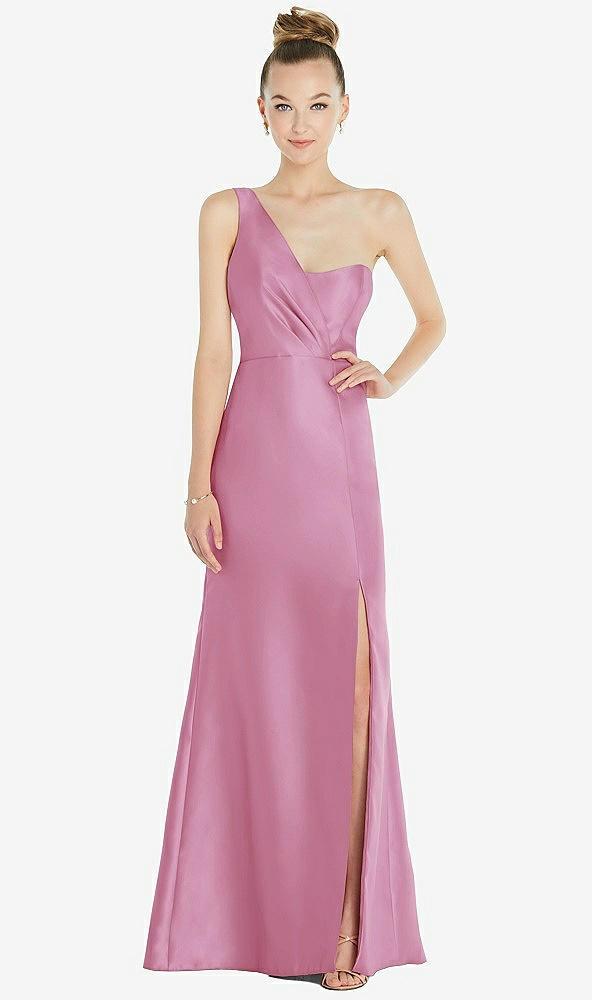 draped one-shoulder satin trumpet gown with front slit