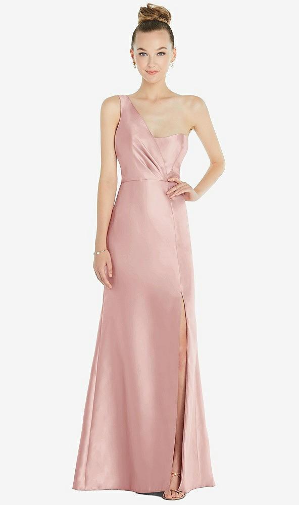 draped one-shoulder satin trumpet gown with front slit
