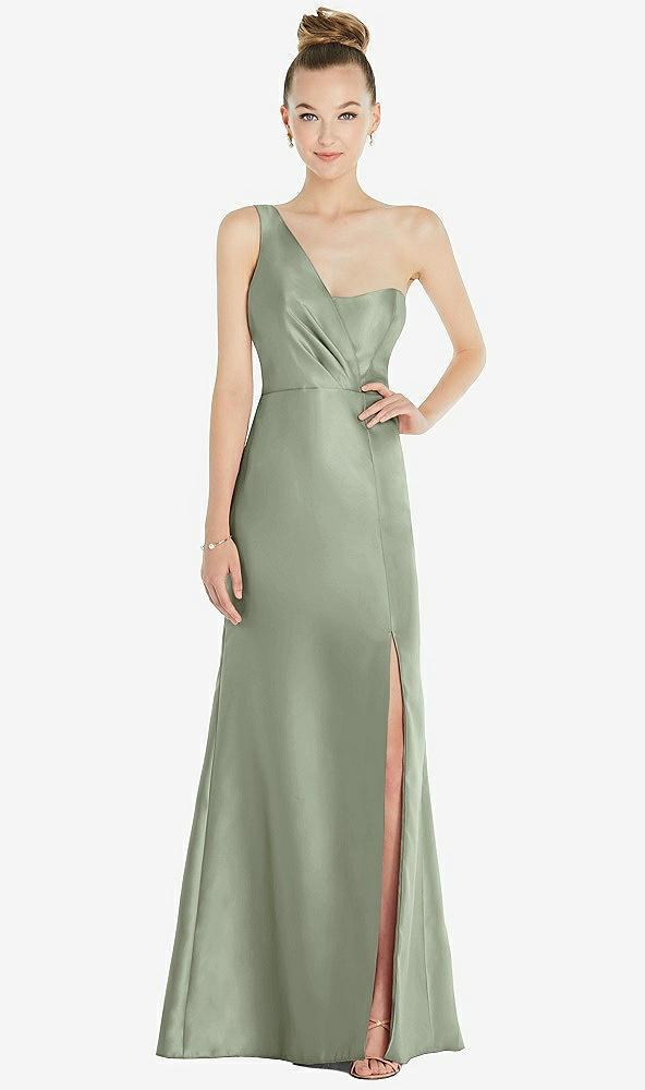draped one-shoulder satin trumpet gown with front slit
