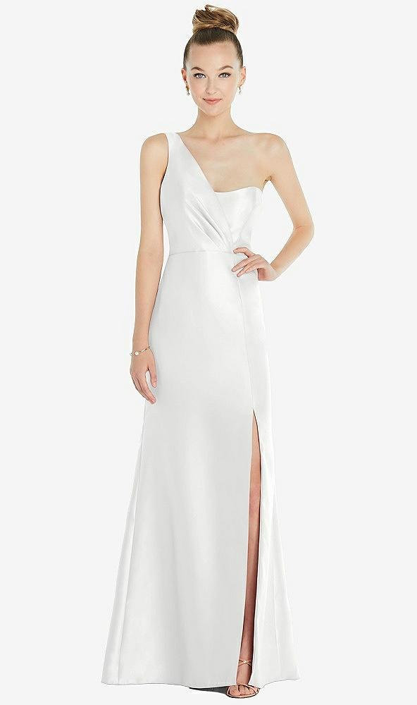 draped one-shoulder satin trumpet gown with front slit