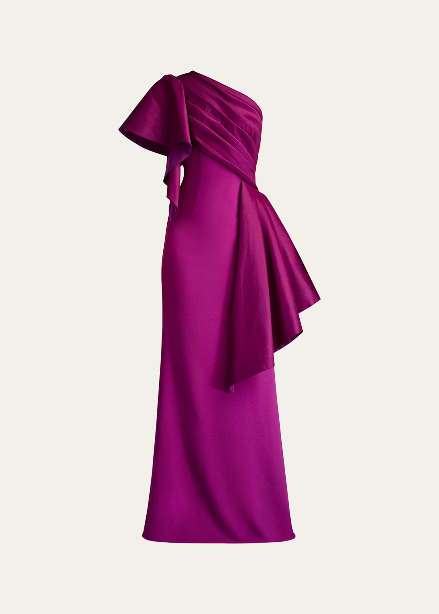 draped one-shoulder taffeta crepe gown