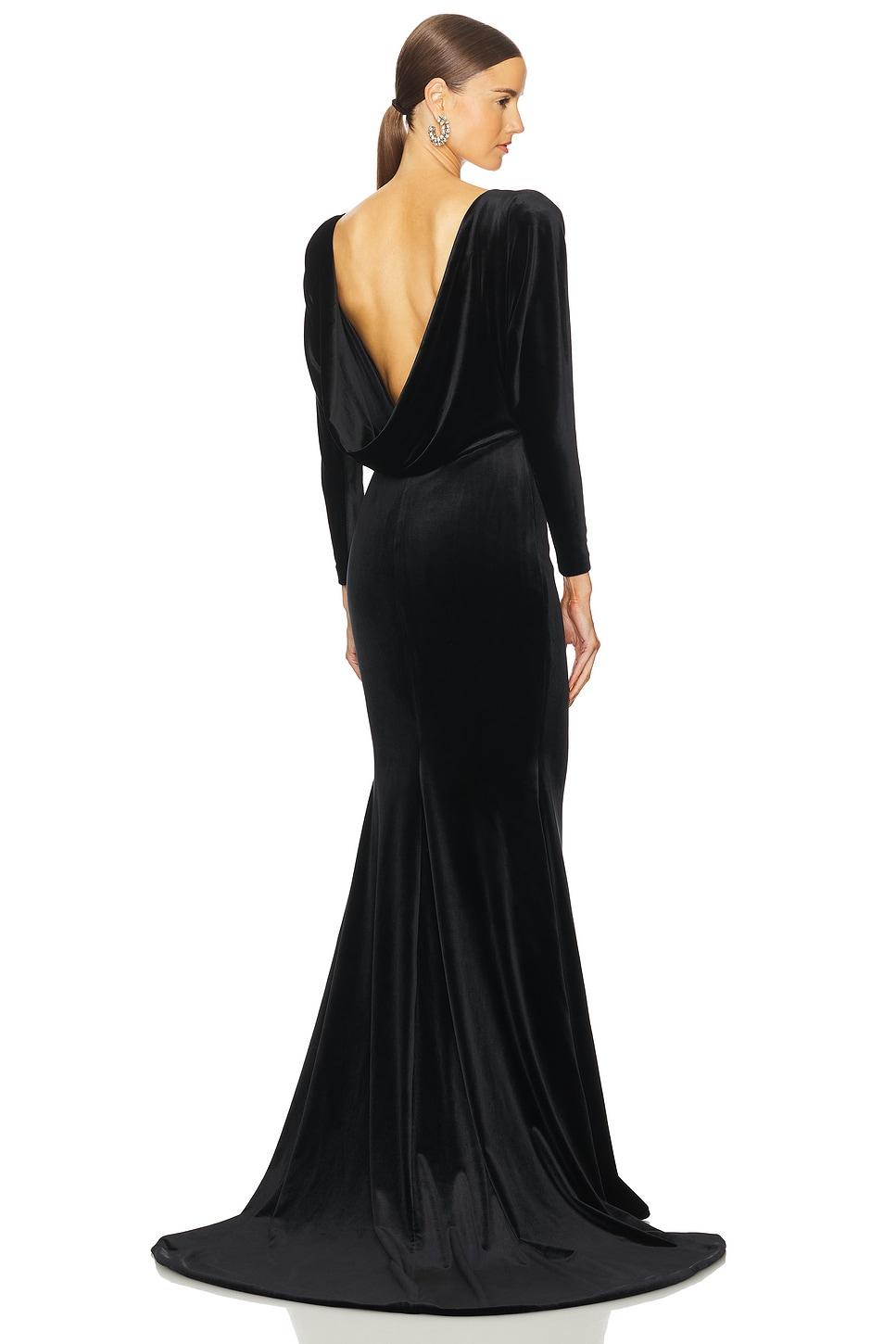 draped open back velvet gown