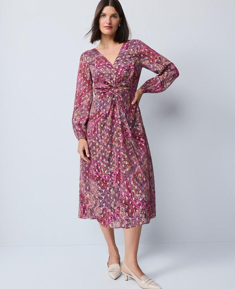 draped paisley midi dress