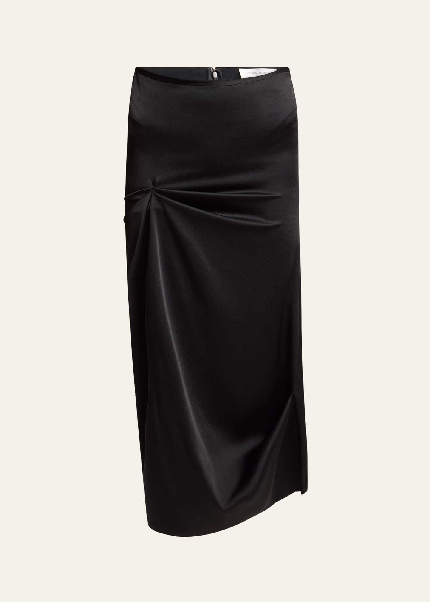 draped pleat satin midi skirt