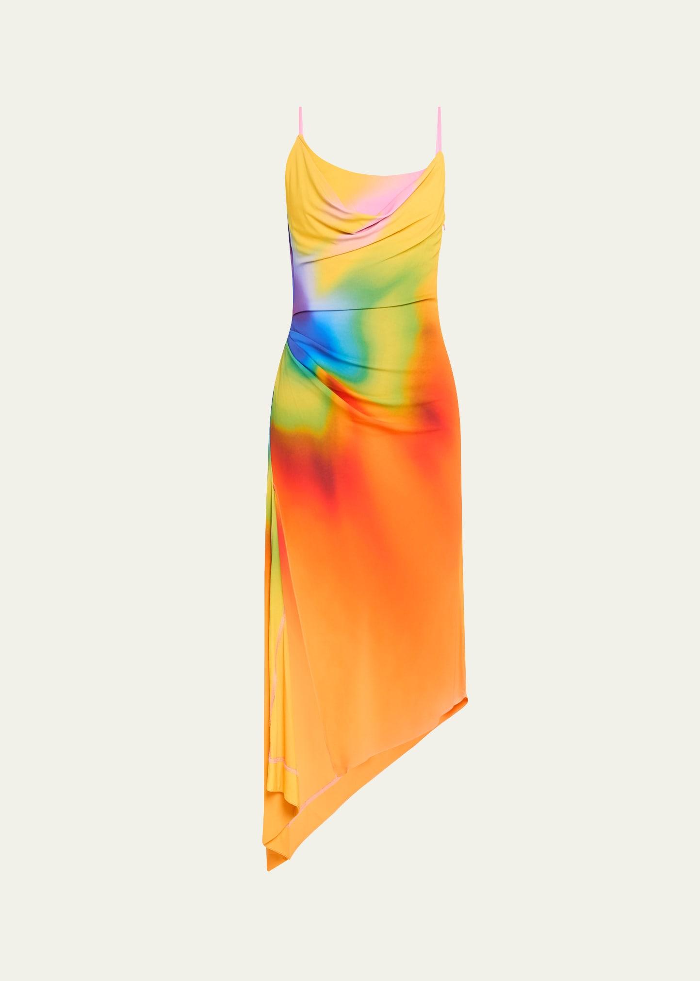 draped rainbow orchid asymmetric slip dress