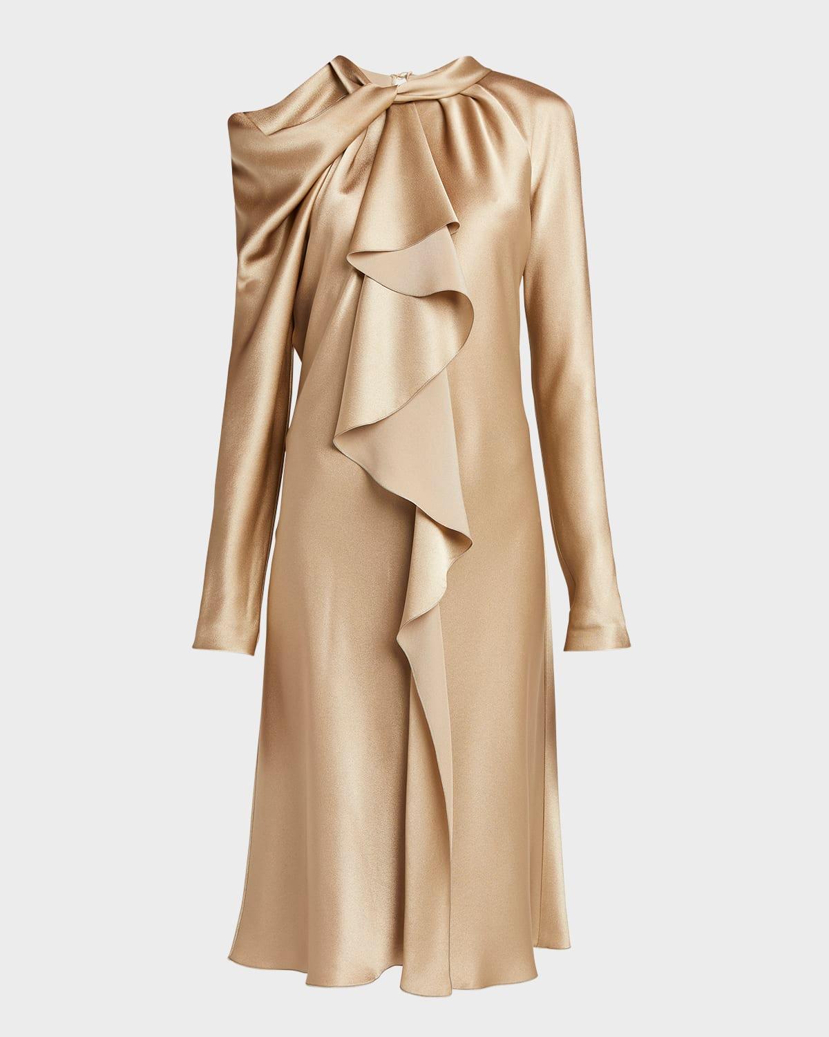draped ruffle satin long-sleeve dress
