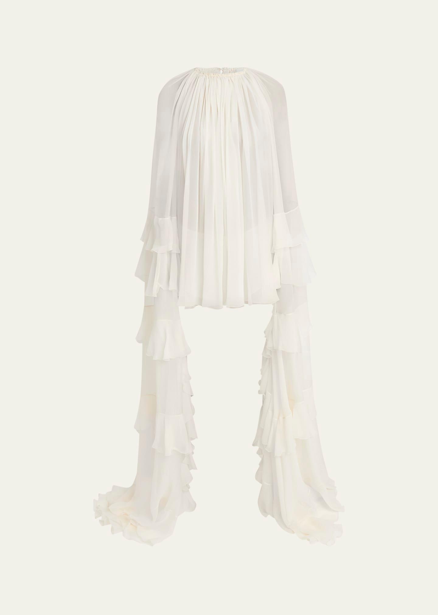 draped ruffle sleeve silk mousseline ruffle mini dress