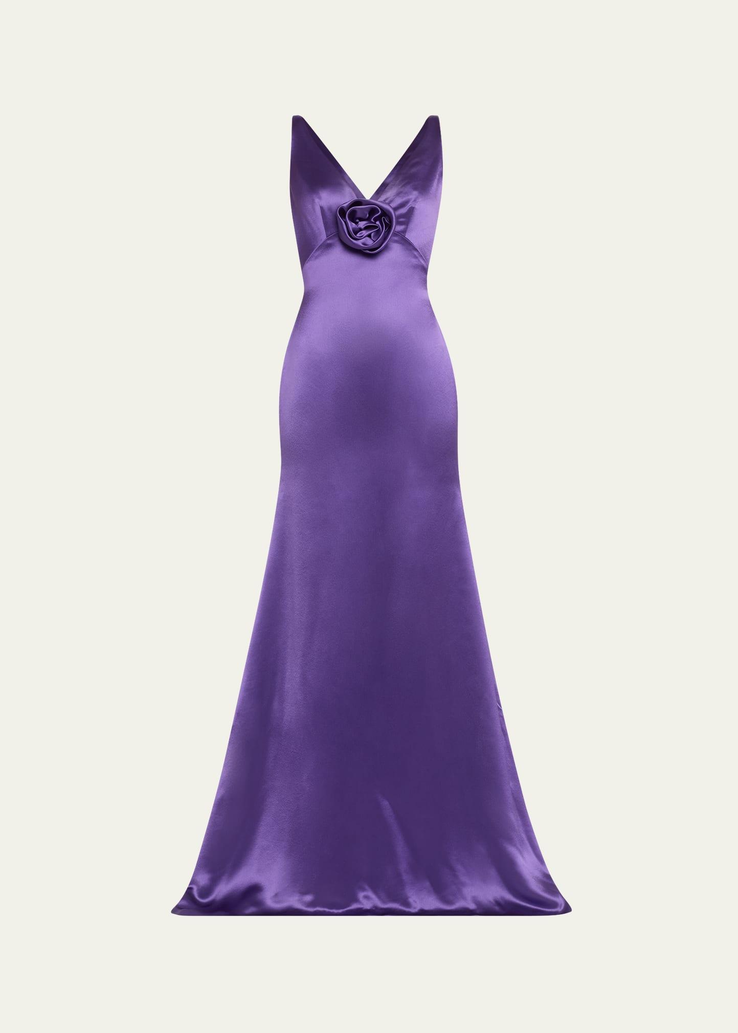 draped satin trumpet gown with flower