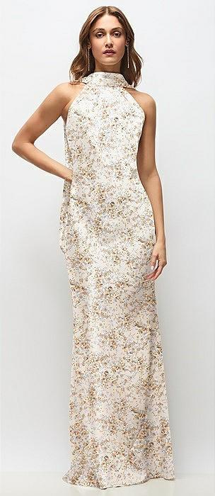 draped scarf halter open-back floral stretch satin bias maxi dress with adjustable straps