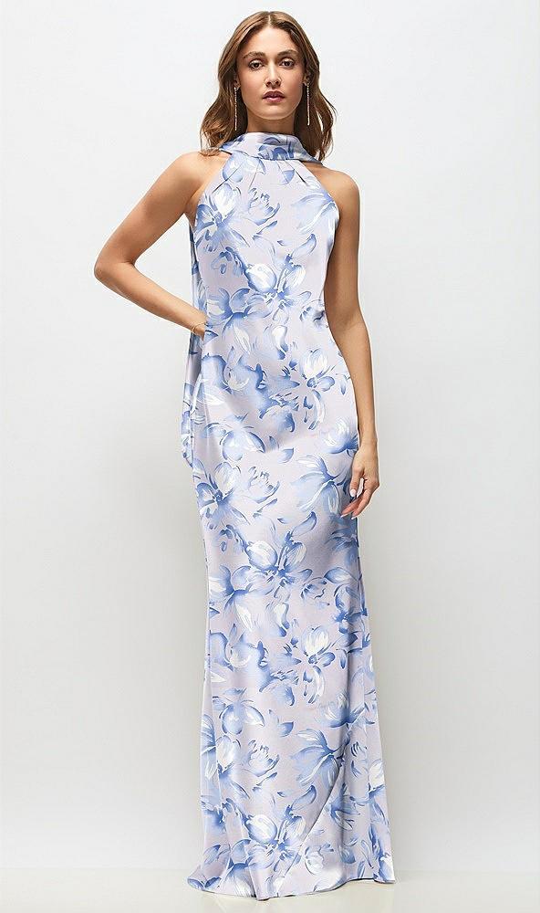 draped scarf halter open-back floral stretch satin bias maxi dress with adjustable straps