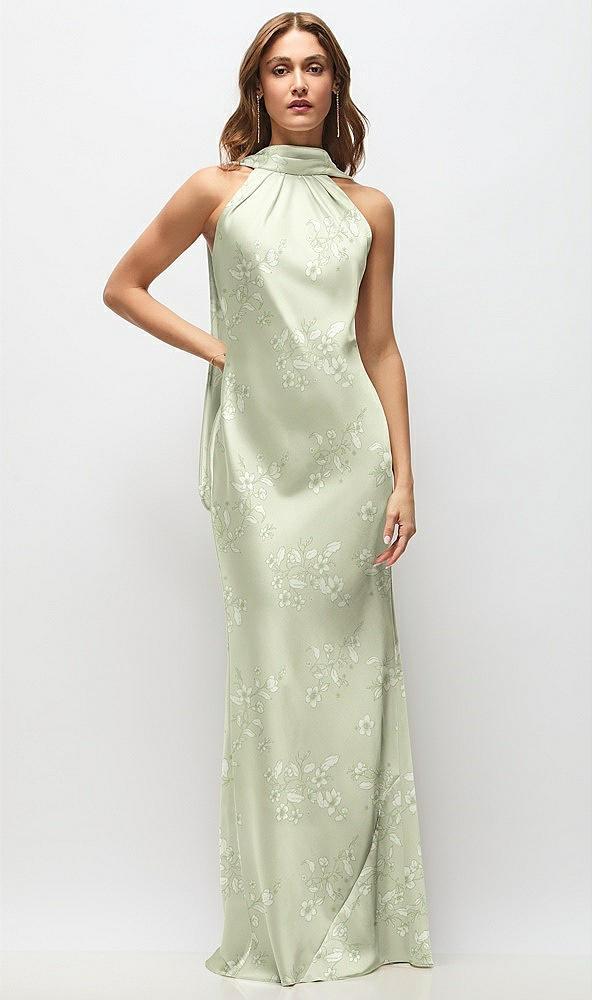 draped scarf halter open-back floral stretch satin bias maxi dress with adjustable straps