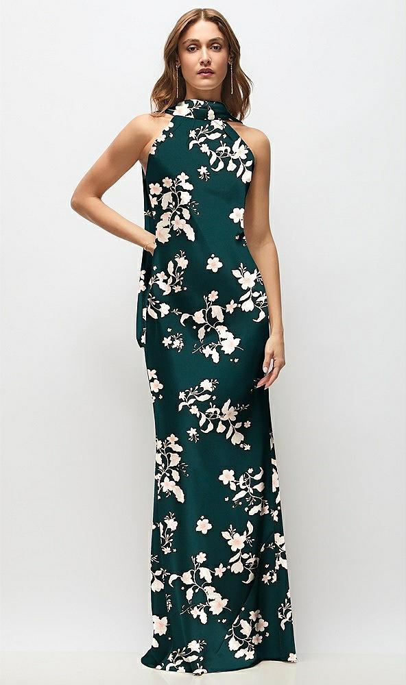draped scarf halter open-back floral stretch satin bias maxi dress with adjustable straps
