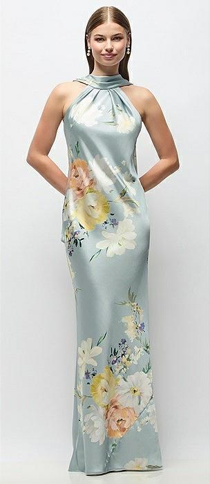 draped scarf halter open-back painterly floral stretch satin bias maxi dress with adjustable straps