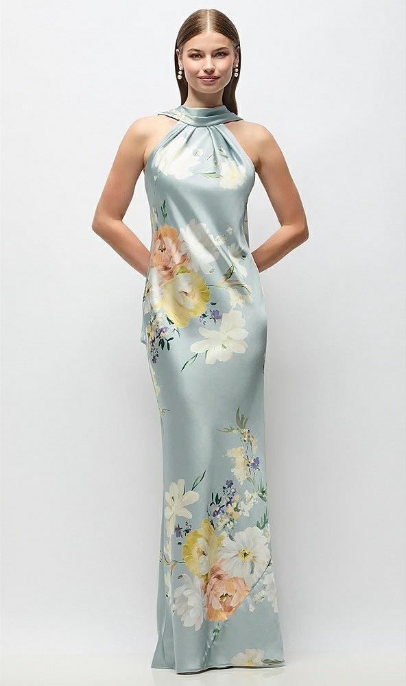 draped scarf halter open-back painterly floral stretch satin bias maxi dress with adjustable straps