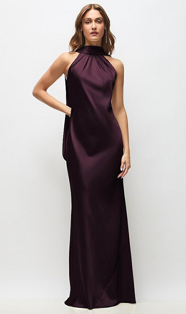 draped scarf halter open-back stretch satin bias maxi dress with adjustable straps