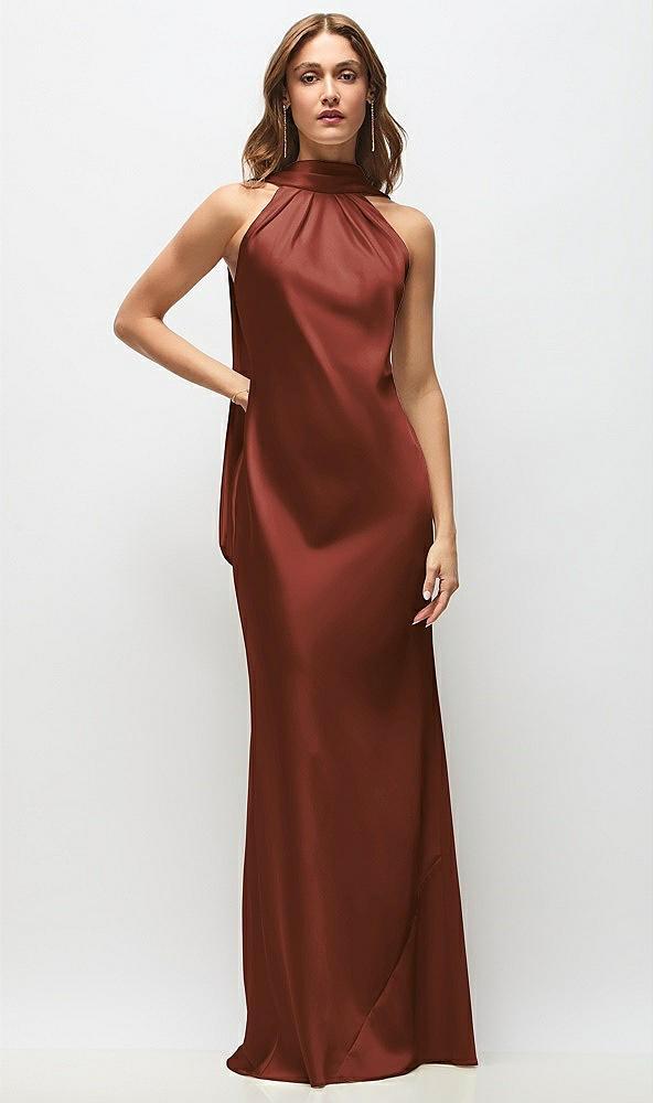 draped scarf halter open-back stretch satin bias maxi dress with adjustable straps