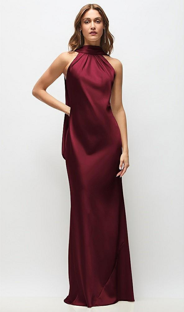 draped scarf halter open-back stretch satin bias maxi dress with adjustable straps
