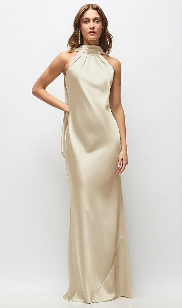 draped scarf halter open-back stretch satin bias maxi dress with adjustable straps