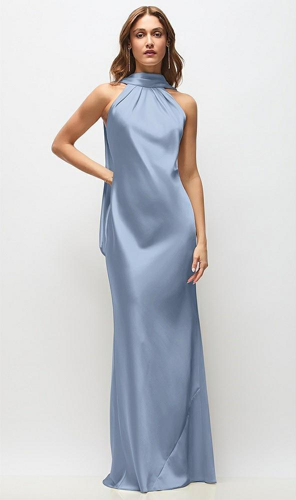 draped scarf halter open-back stretch satin bias maxi dress with adjustable straps