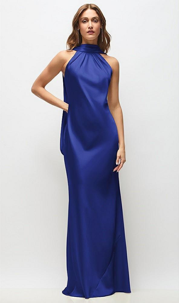 draped scarf halter open-back stretch satin bias maxi dress with adjustable straps