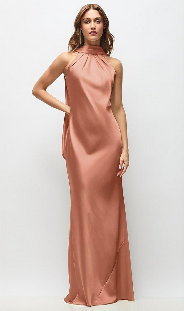 draped scarf halter open-back stretch satin bias maxi dress with adjustable straps