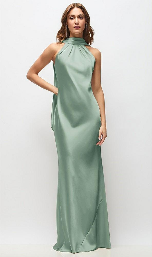 draped scarf halter open-back stretch satin bias maxi dress with adjustable straps