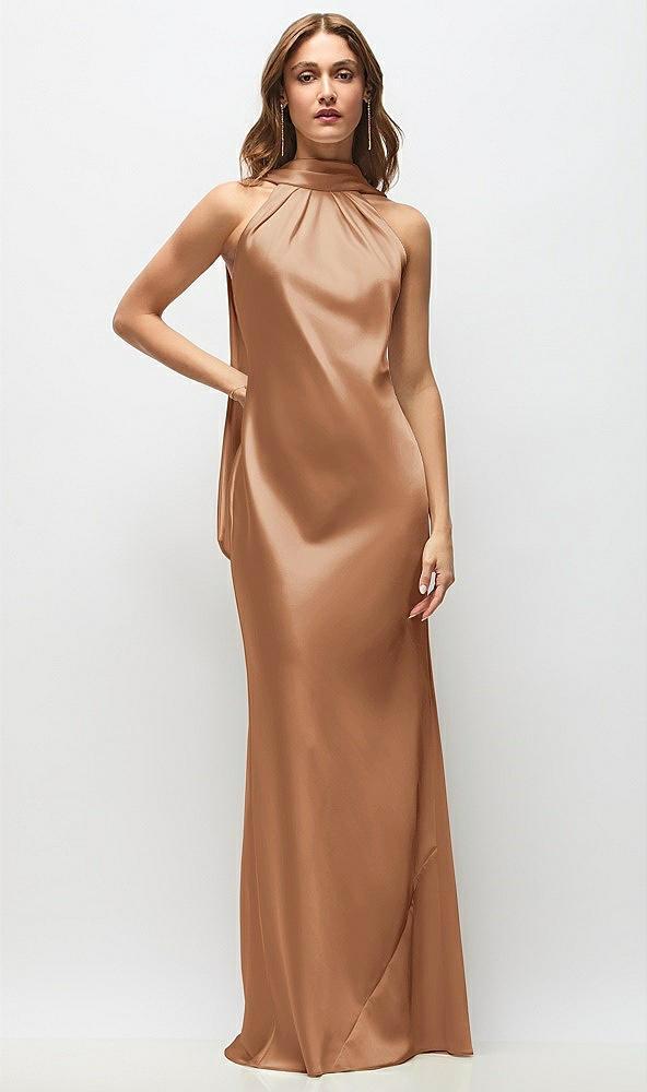 draped scarf halter open-back stretch satin bias maxi dress with adjustable straps
