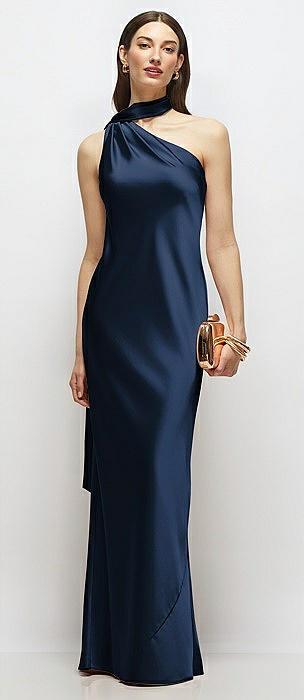 draped scarf one-shoulder bias stretch satin maxi dress