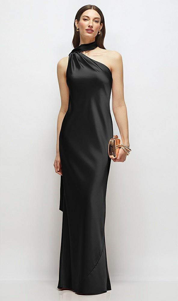 draped scarf one-shoulder bias stretch satin maxi dress