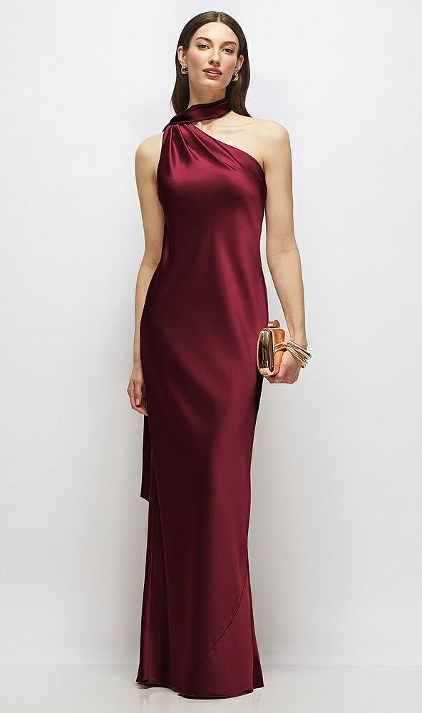 draped scarf one-shoulder bias stretch satin maxi dress