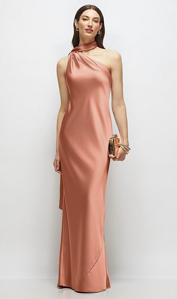draped scarf one-shoulder bias stretch satin maxi dress