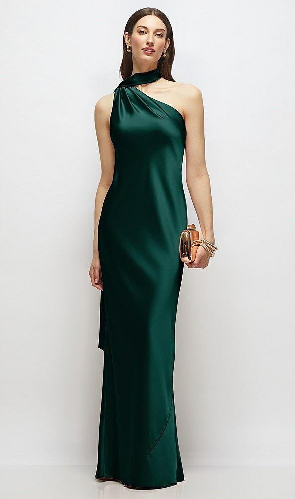draped scarf one-shoulder bias stretch satin maxi dress