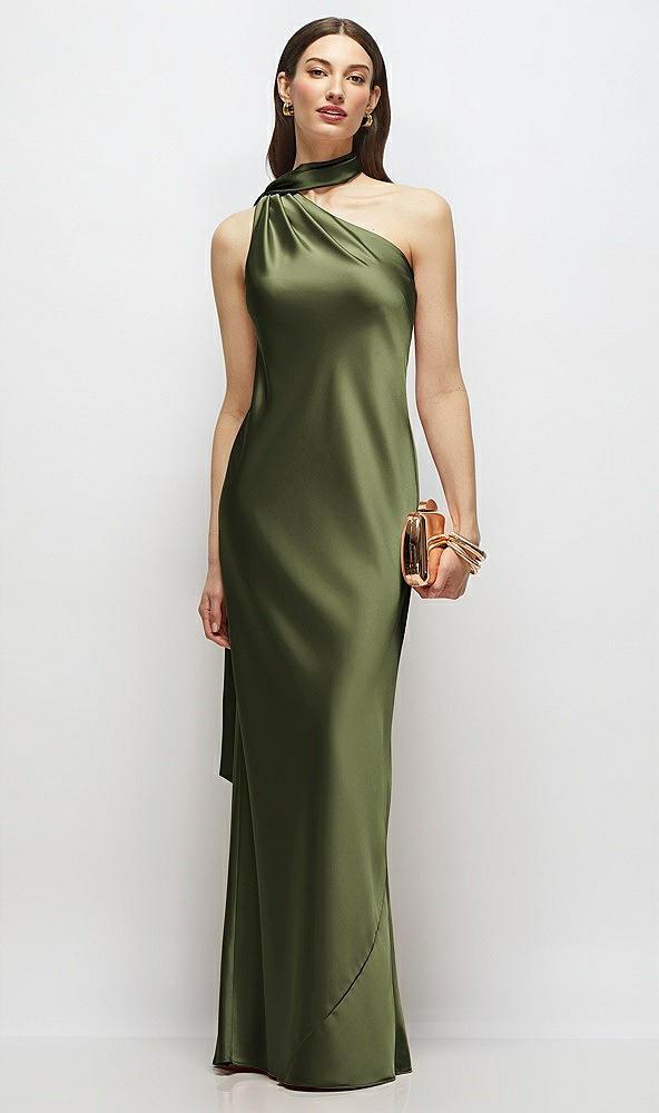 draped scarf one-shoulder bias stretch satin maxi dress