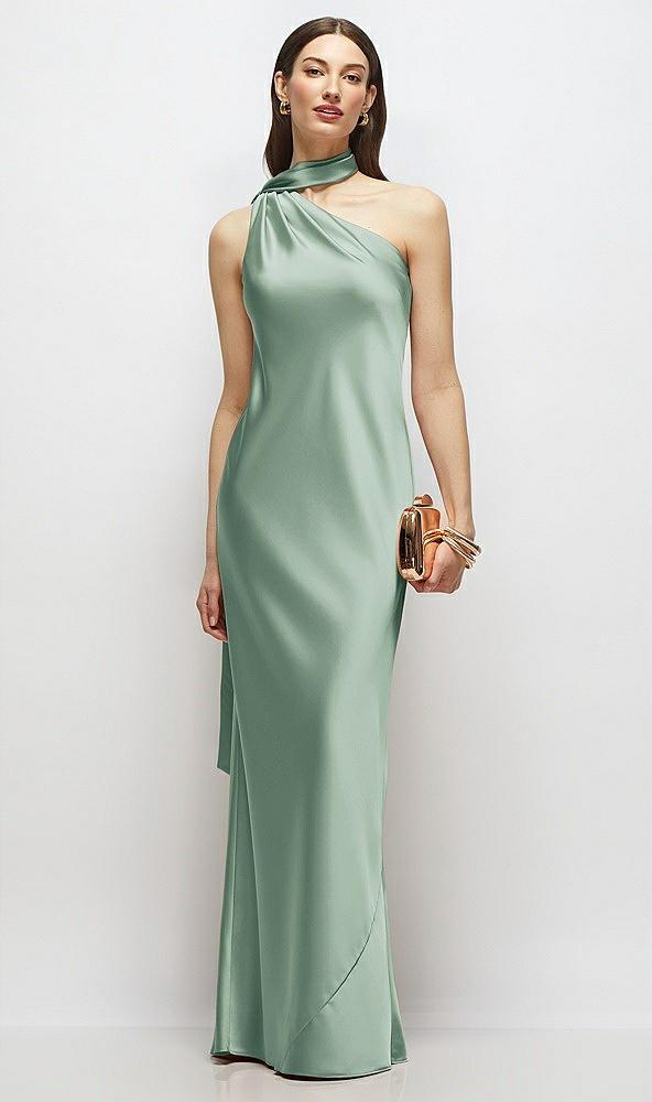 draped scarf one-shoulder bias stretch satin maxi dress