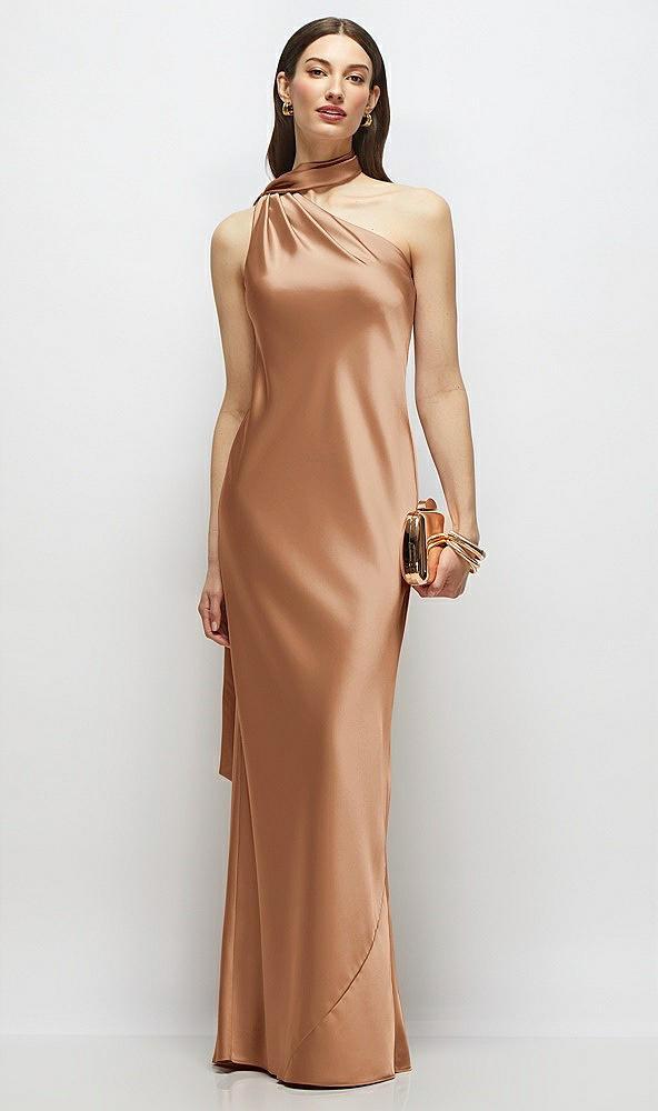 draped scarf one-shoulder bias stretch satin maxi dress