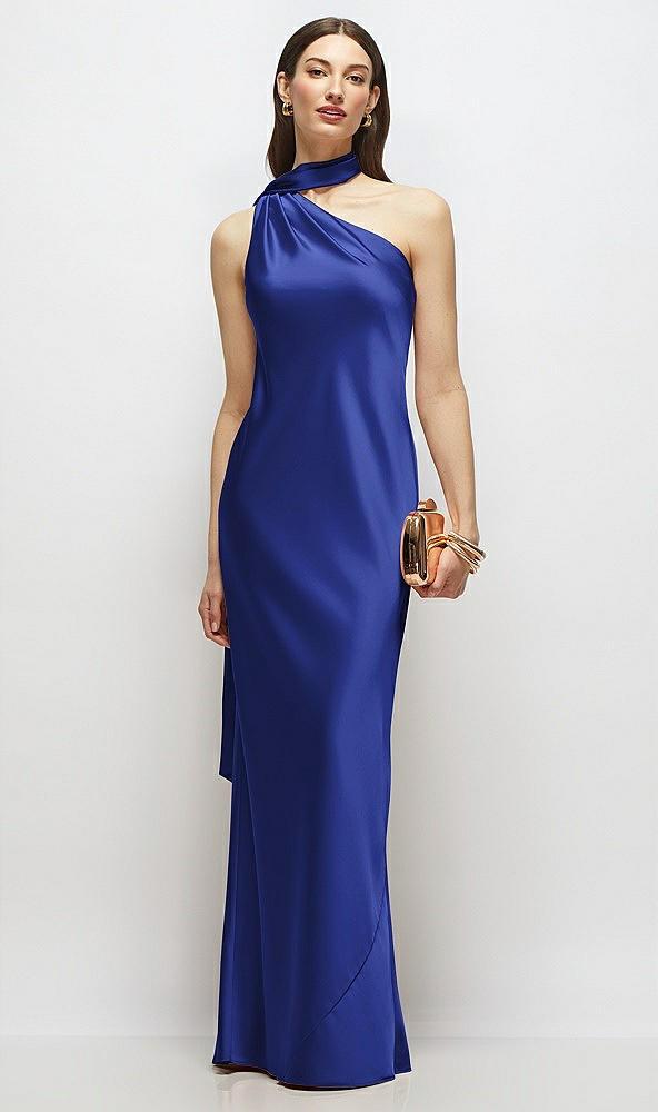 draped scarf one-shoulder bias stretch satin maxi dress