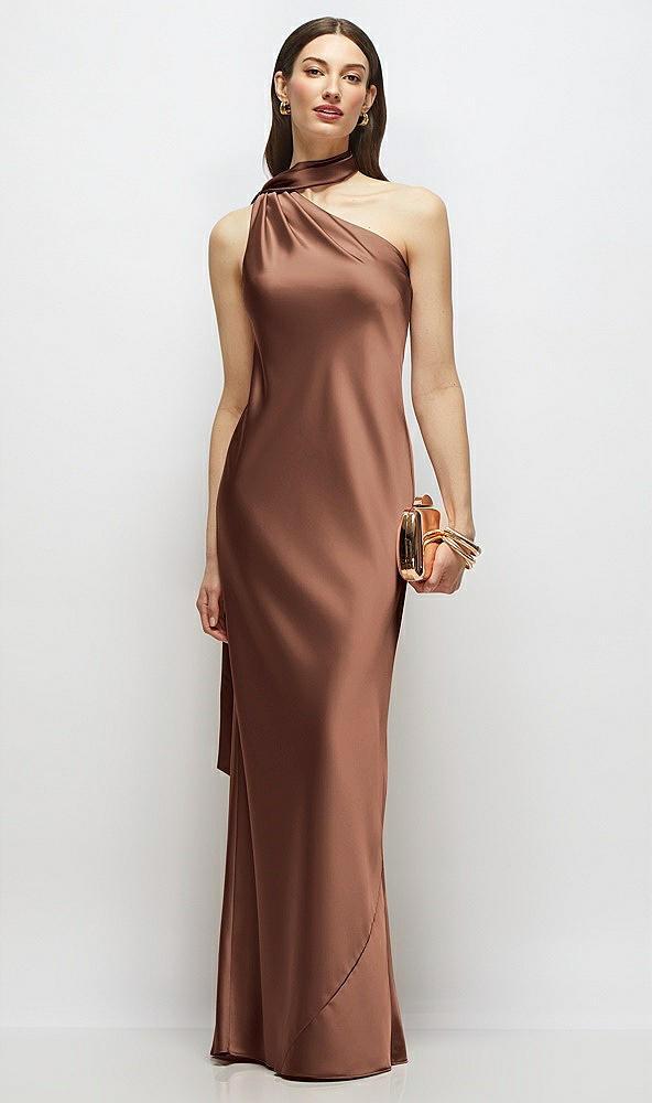 draped scarf one-shoulder bias stretch satin maxi dress