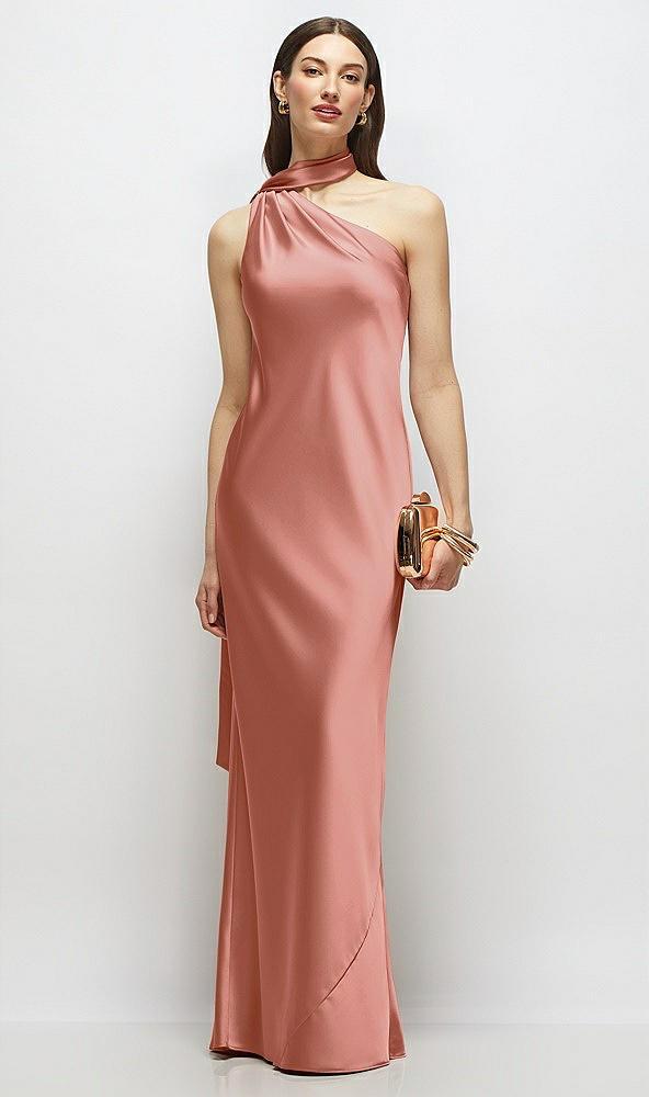 draped scarf one-shoulder bias stretch satin maxi dress
