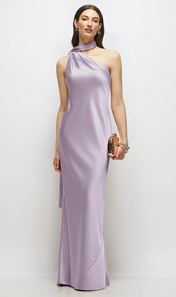 draped scarf one-shoulder bias stretch satin maxi dress