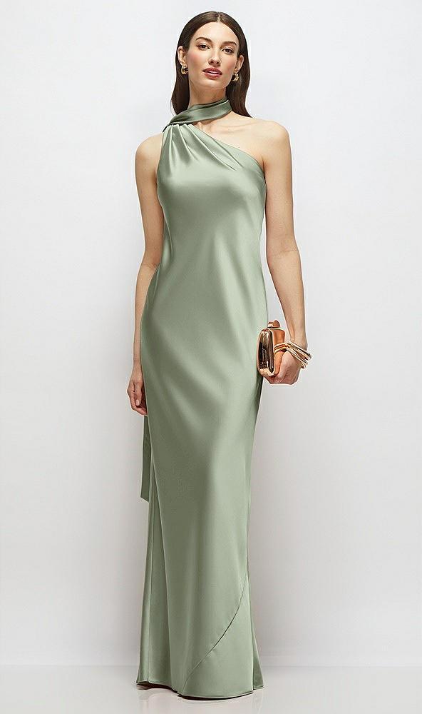 draped scarf one-shoulder bias stretch satin maxi dress