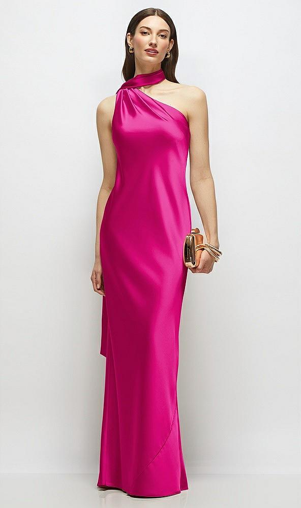 draped scarf one-shoulder bias stretch satin maxi dress