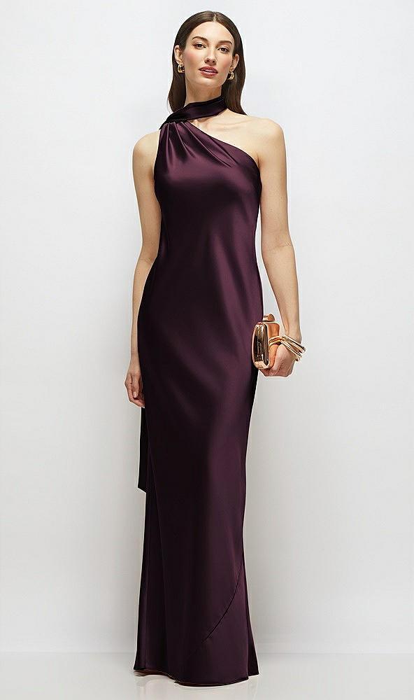 draped scarf one-shoulder bias stretch satin maxi dress