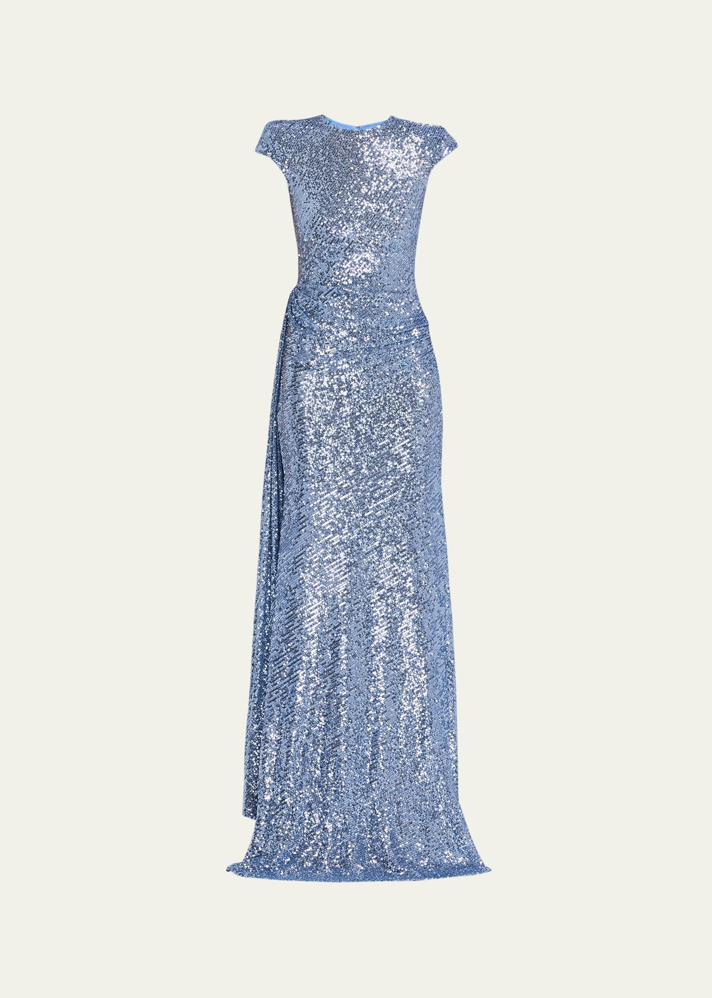 draped sequin cap-sleeve gown