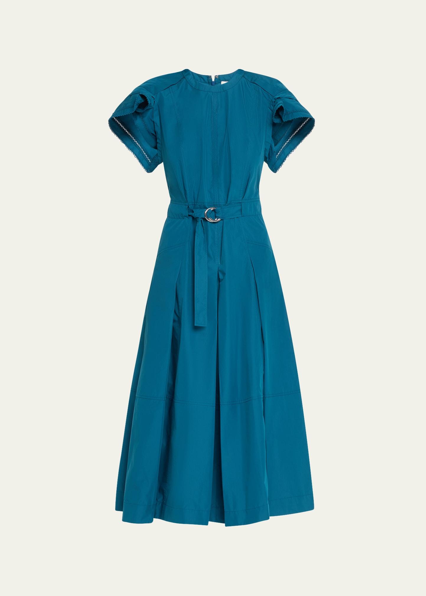 draped short-sleeve belted midi dress
