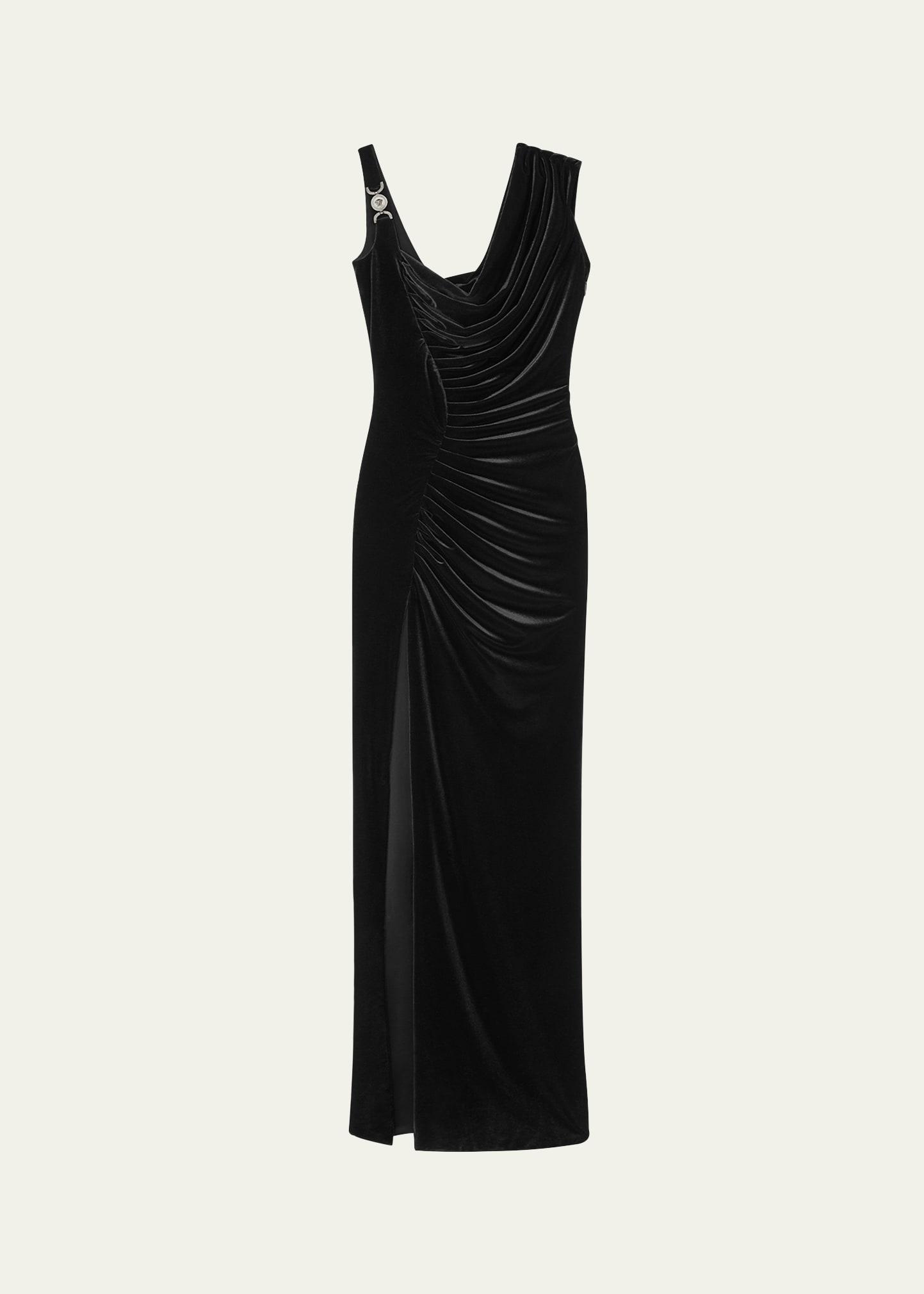 draped side-slit velvet column gown