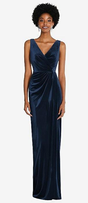 draped skirt faux wrap velvet maxi dress