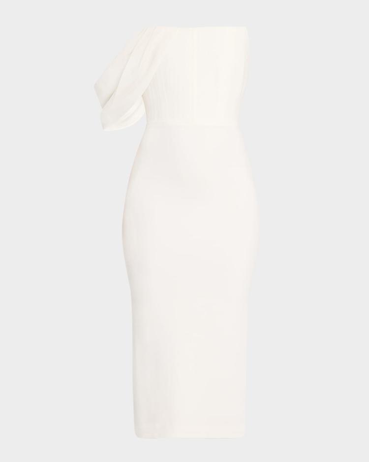 draped-sleeve corset crepe midi dress