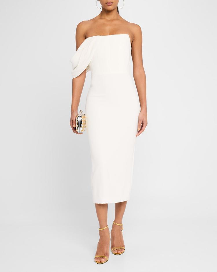 draped-sleeve corset crepe midi dress