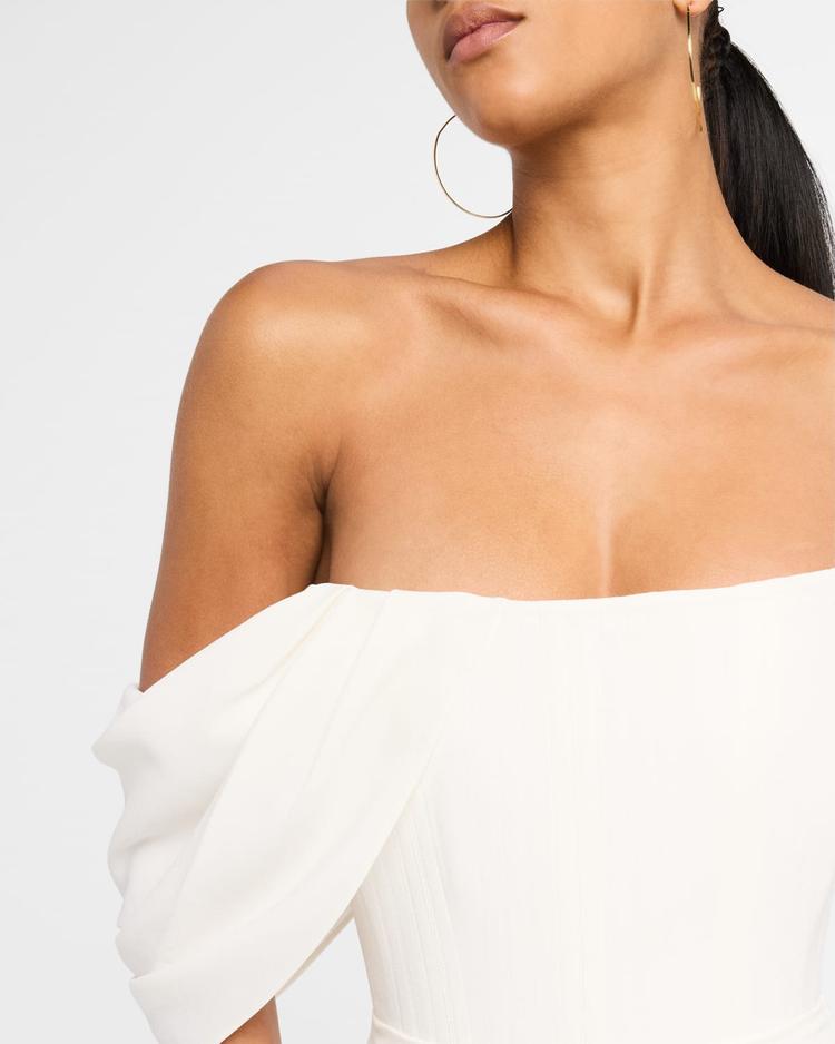 draped-sleeve corset crepe midi dress